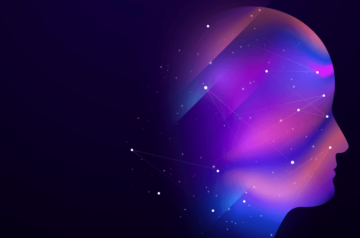 An head to neck outine with purple gradient background; facing right