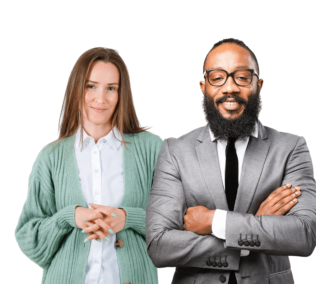 A woman and man standing side by side with folded palms and arms respectively